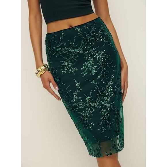 Reformation Dresses & Skirts - NWT Reformation Blanca Skirt Black Green Embellished Sequin Knee Length Size 6